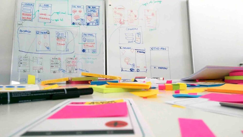 Tableaux blancs couverts de maquettes d'écrans et de post-it, lors d'un atelier de conception